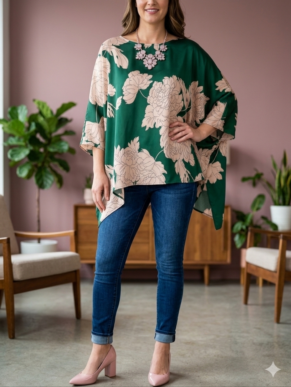 Before You  Green Floral Dolman Sleeve Blouse Oversized Boho Top - Size XS